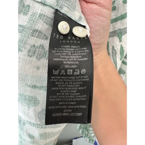 TED BAKER Men’s Linen Shirt Abstract Green Gray Print Button Down | Size 4 Large - Picture 6 of 6